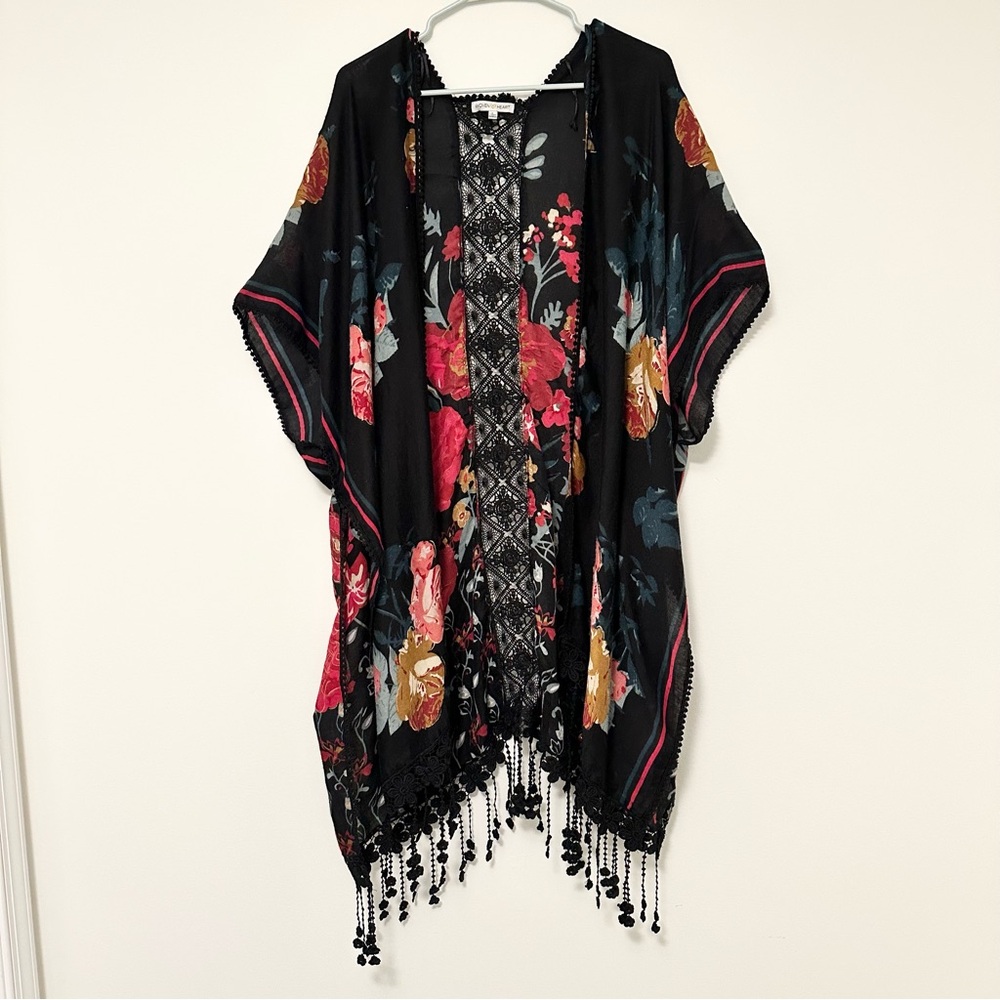 Woven Heart Elegant Black Crochet Colorful Floral Kimono Duster Sheer Fringe